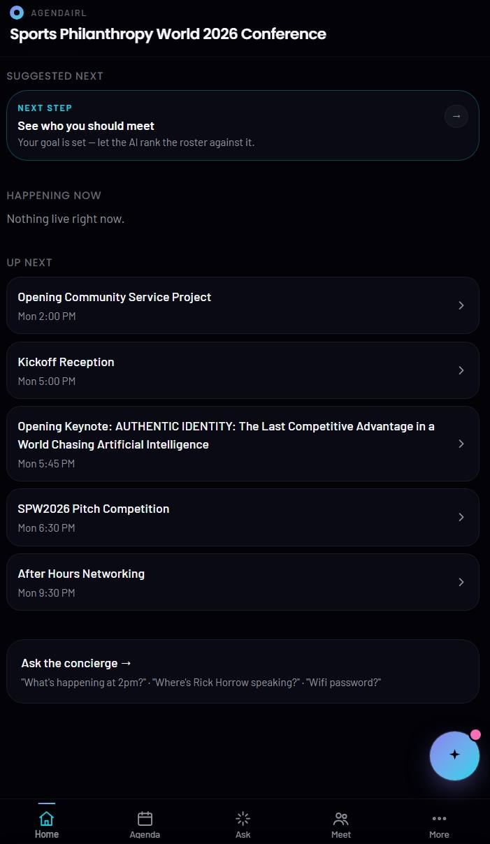 AgendaIRL attendee home screen with suggested next step and live agenda