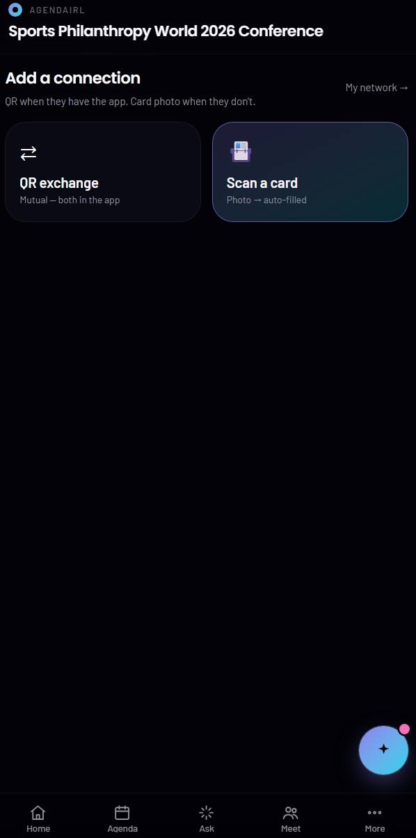AgendaIRL connect screen with QR exchange and business card scan