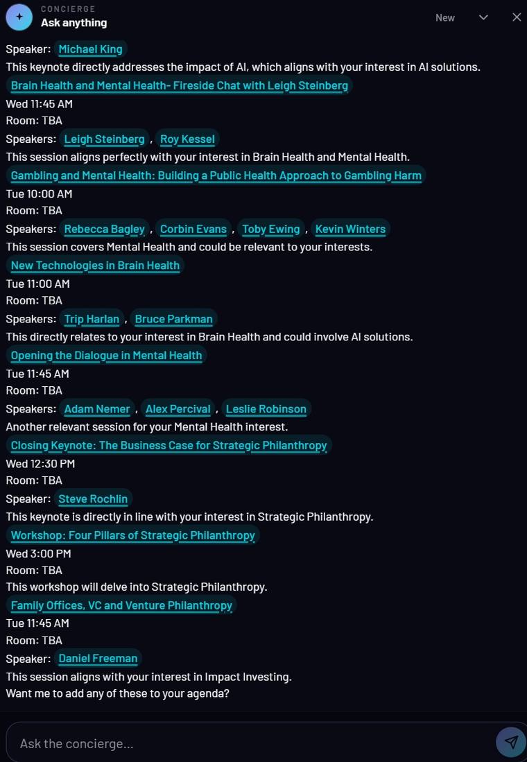 AgendaIRL concierge answering with personalized session recommendations